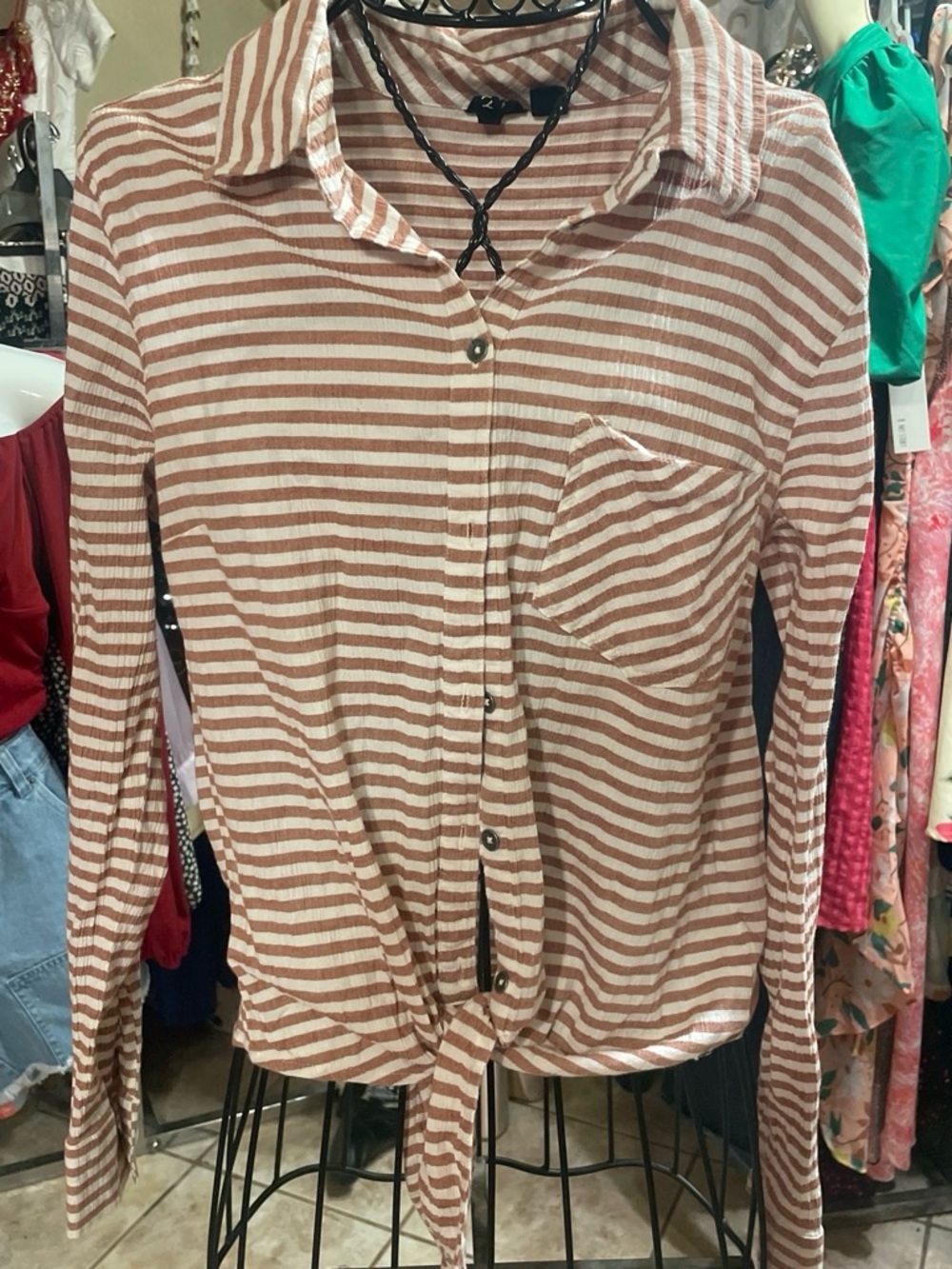 Roxy Cream and Brown Striped Button-Front Tie Shirt